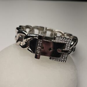 Guess Silver-Tone Crystal Buckle Link Bracelet